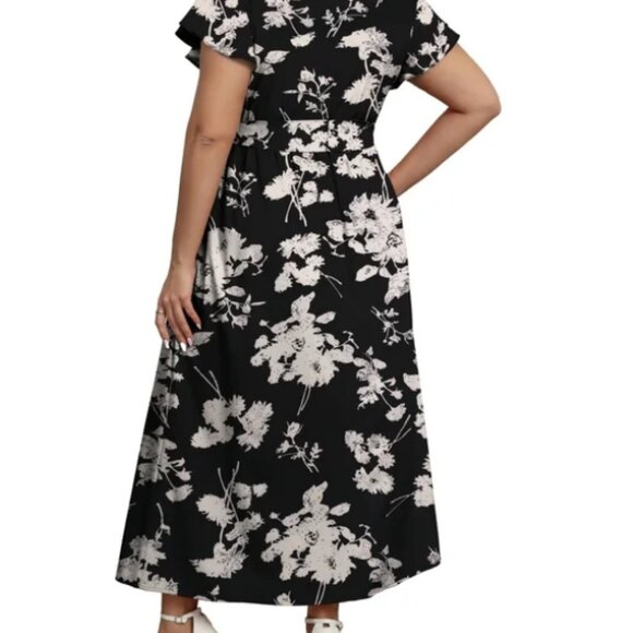 Women's Maxi Dress Plus Size 1X Flutter Sleeve Floral Print V Neckline Flowy - Picture 4 of 6